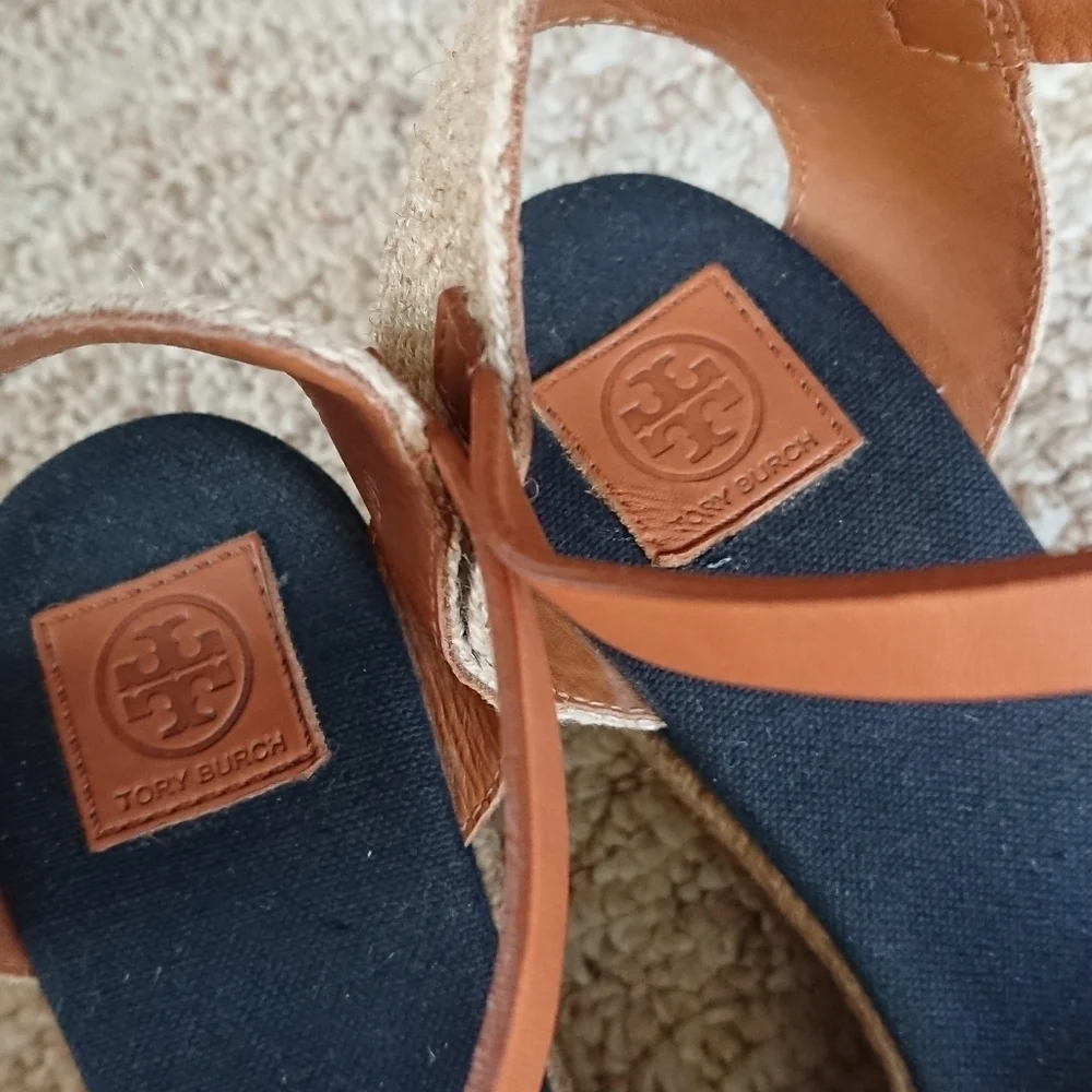TORY BURCH Knotted Bow Wedge Espadrille Platform Sandal Black/NAVY/ Tan SIZE 6.5